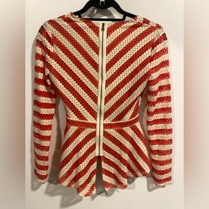 BCBG Designer Fashion Women’s Top Sleeve Peplum Classic Work Casual Orange/White